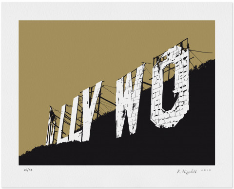 Eine Druckgrafik von den zerfallenen Hollywood-Buchstaben in schwarz und gold