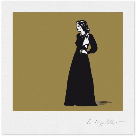 Eine Druckgrafik von Katherine Hepburn im schwarzen Kleid in schwarz und gold