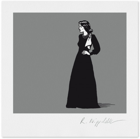 Eine Druckgrafik von Katherine Hepburn im schwarzen Kleid in schwarz und silber