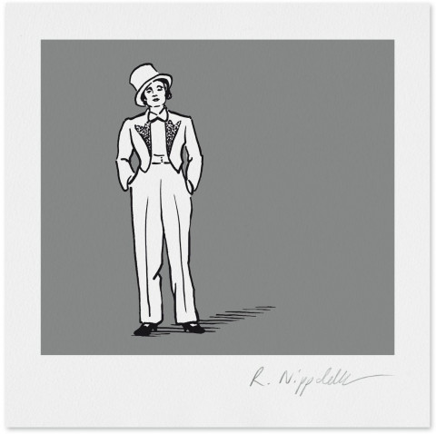 Eine Druckgrafik von Marlene Dietrich im weißen Anzug in schwarz und silber