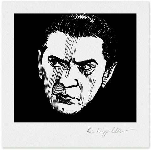 Eine Druckgrafik von Dracula, in schwarz und weiß