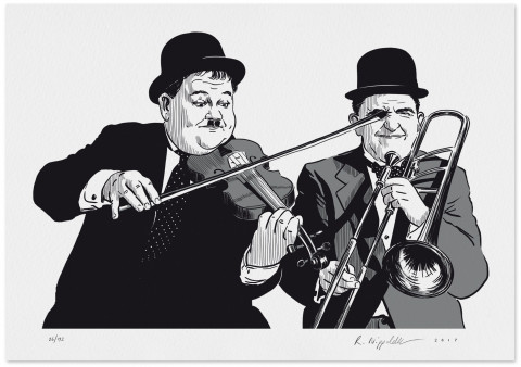Eine Druckgrafik von Dick und Doof mit Geige und Posaune, in schwarz und silber gedruckt