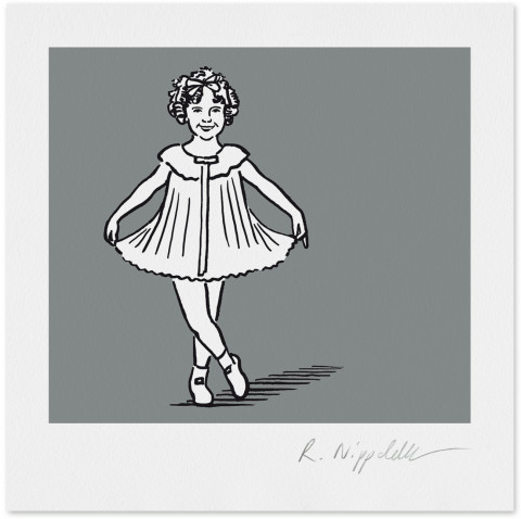 Eine Druckgrafik von der jungen Shirley Temple in schwarz und silber