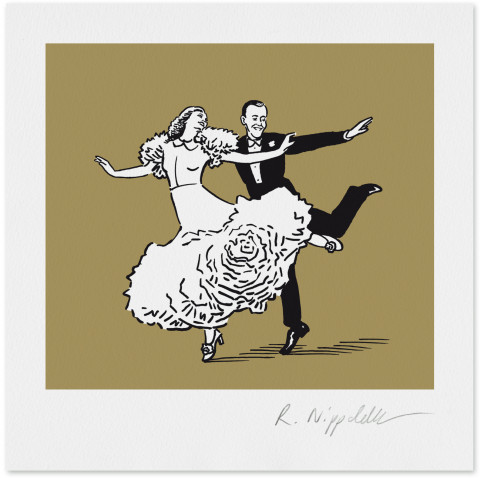 Eine Druckgrafik von den tanzenden Paar Fred Astaire & Ginger Rogers in schwarz und gold