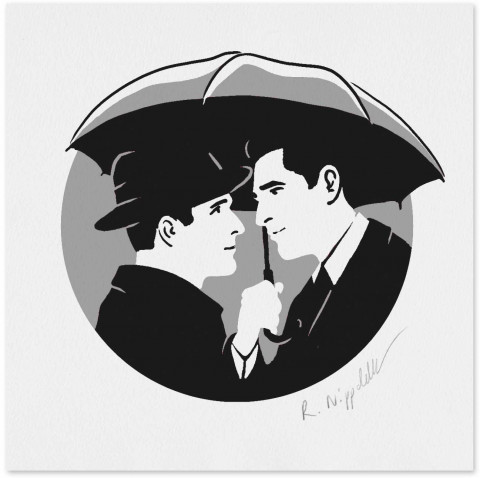 Eine Druckgrafik von 2 Männern unter einem Regenschirm in schwarz und silber