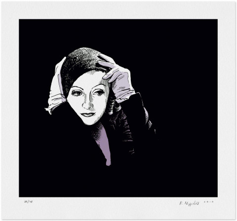 Eine Druckgrafik von Greta Garbo mit Hut und Handschuhen schwarz und violett