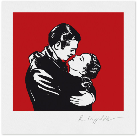 Eine Druckgrafik von Vivien Leigh und Clark Gable in einer Szene aus Vom Winde verweht in schwarz und rot