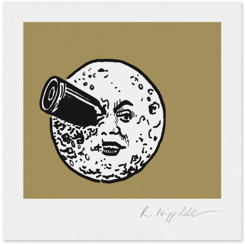 Eine Druckgrafik von dem Mond mit der Rakete im Auge aus dem Film von Méliès in schwarz und gold