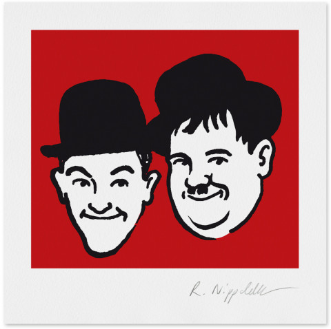 Eine Druckgrafik von Dick und Doof, in schwarz und rot gedruckt