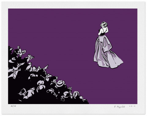 Eine Druckgrafik von einem Filmstar auf dem roten Teppich und Reportern in schwarz und violett und lila