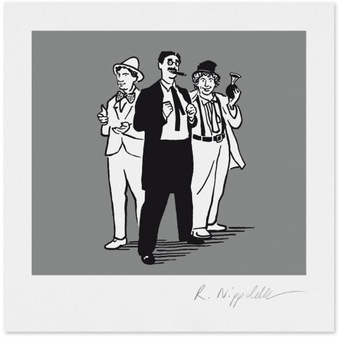 Eine Druckgrafik von den 3 Marx Brothers in schwarz und silber
