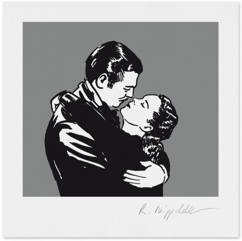 Eine Druckgrafik von Vivien Leigh und Clark Gable in einer Szene aus Vom Winde verweht in schwarz und silber