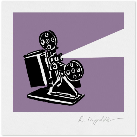Eine Druckgrafik von einem Filmprojektor in schwarz und violett