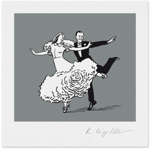 Eine Druckgrafik von den tanzenden Paar Fred Astaire & Ginger Rogers in schwarz und silber