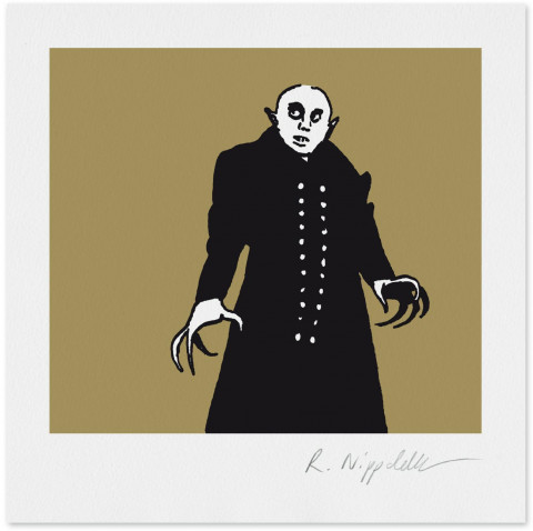 Eine Druckgrafik von Nosferatu aus dem Film von Murnau aus dem Jahr 1922, gedruckt in schwarz und gold