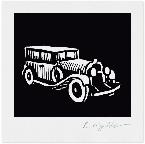 Eine Druckgrafik von einem Oldtimer in schwarz