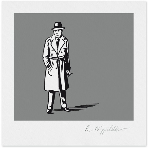 Eine Druckgrafik von Humphrey Bogart aus dem Film „The Maltese Falcon“, in schwarz und silber gedruckt
