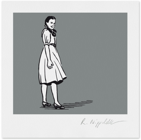 Eine Druckgrafik von der jungen Judy Garland in schwarz und silber