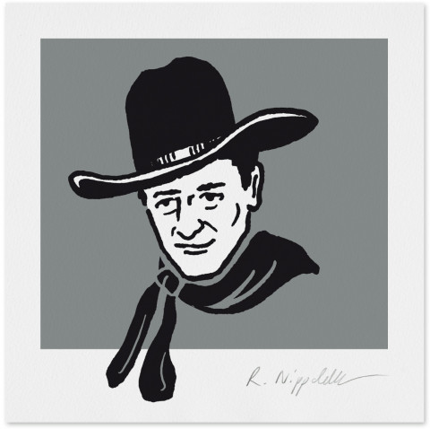 Eine Druckgrafik von Bruce Wayne als Cowboy in schwarz und silber