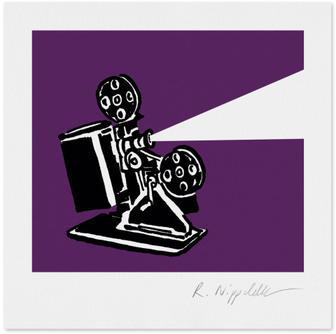 Eine Druckgrafik von einem Filmprojektor in schwarz und dunklem violett