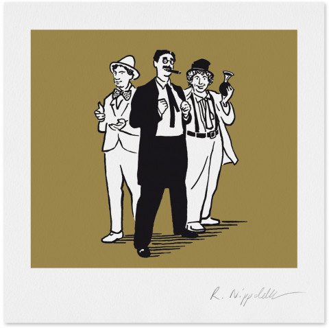 Eine Druckgrafik von den 3 Marx Brothers in schwarz und gold