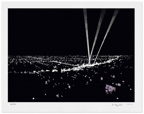 Eine Druckgrafik vom Lichtermeer des nächtlichen Hollywod in schwarz und lila