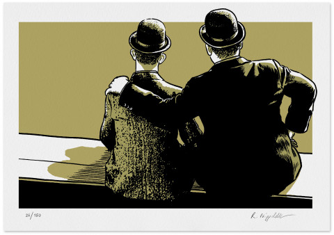 Eine Druckgrafik von Dick und Doof von hinten sitzend, in schwarz und gold gedruckt