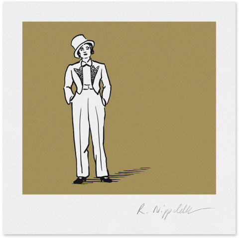 Eine Druckgrafik von Marlene Dietrich im weißen Anzug in schwarz und gold