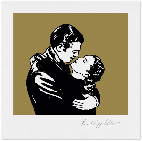 Eine Druckgrafik von Vivien Leigh und Clark Gable in einer Szene aus Vom Winde verweht in schwarz und gold