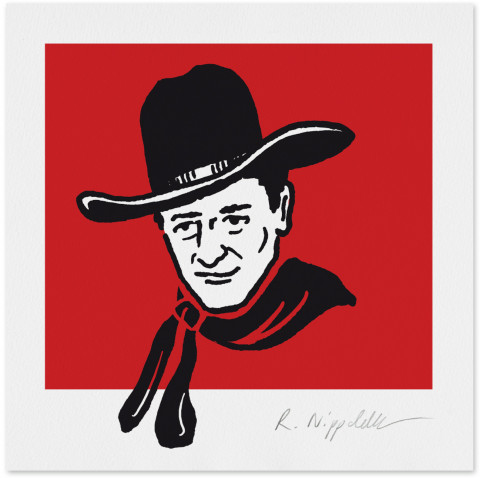 Eine Druckgrafik von Bruce Wayne als Cowboy in schwarz und rot