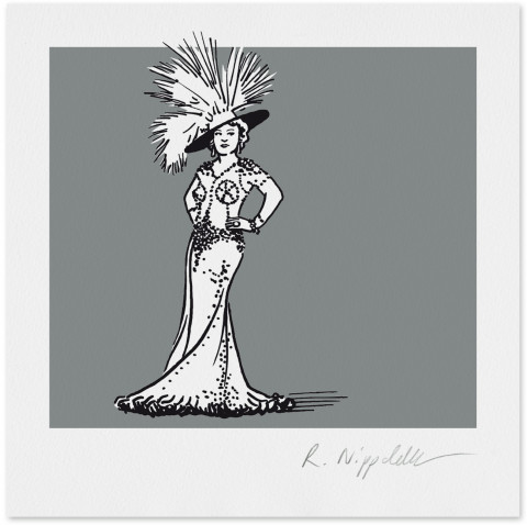 Eine Druckgrafik von Mae West in schwarz und silber