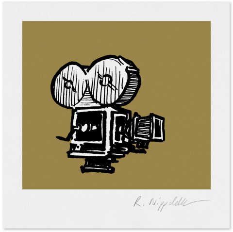 Eine Druckgrafik von einer alten Kamera in den Farben schwarz und gold gedruckt.
