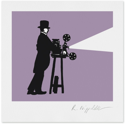 Eine Druckgrafik von Lumiere an seiner Kamera in schwarz und lila
