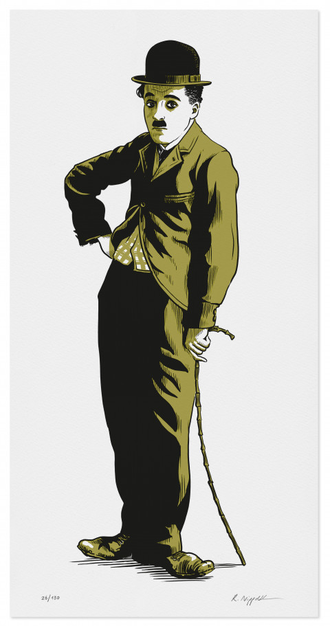 Eine Druckgrafik von Charlie Chaplin, in schwarz und gold gedruckt