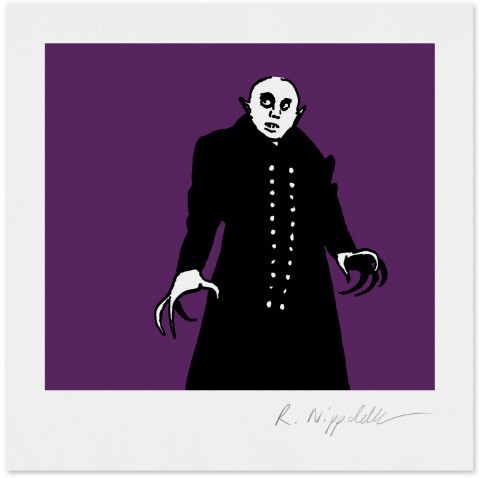 Eine Druckgrafik von Nosferatu aus dem Film von Murnau aus dem Jahr 1922, gedruckt in schwarz und violett
