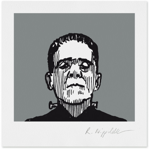 Eine Druckgrafik von Frankensteins Monster gespielt von Boris Karloff in schwarz und silber
