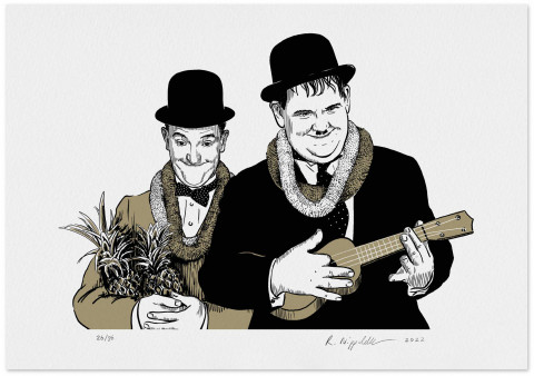 Eine Druckgrafik von Dick und Doof mit Ananas und Ukukele, in schwarz und gold gedruckt