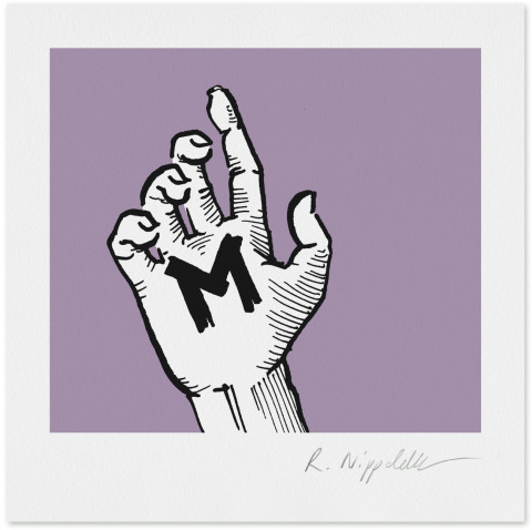 Eine Druckgrafik von einer Hand mit dem Buchstaben M aus dem gleichnamigen Film in schwarz und lila