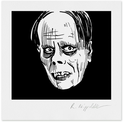 Eine Druckgrafik vom Phantom aus dem 1930er Jahre Film „Das Phantom der Oper“, in schwarz und weiß