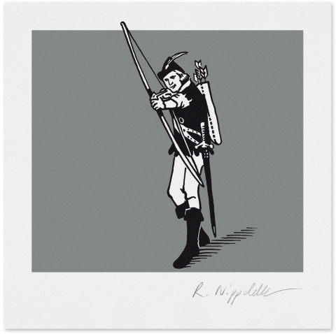 Eine Druckgrafik von Errol Flynn als Robin Hood in schwarz und silber