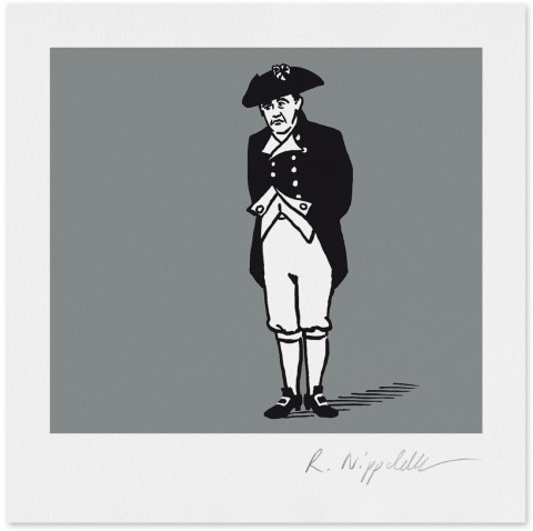 Eine Druckgrafik von Charles Laughton als Napoleon in schwarz und silber