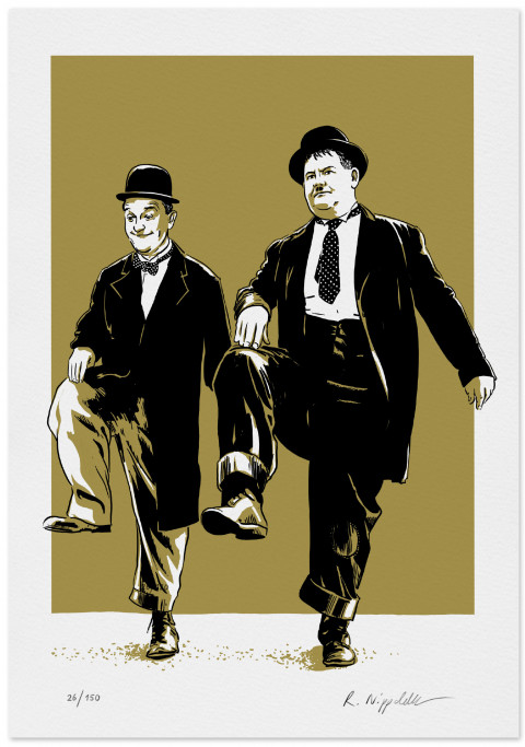 Eine Druckgrafik von Dick und Doof steppend, in schwarz und gold gedruckt
