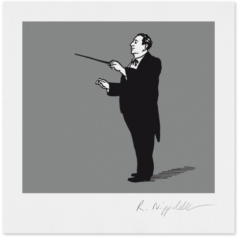 Eine Druckgrafik von dem Dirigenten Erich Wolfgang Korngold in schwarz und silber