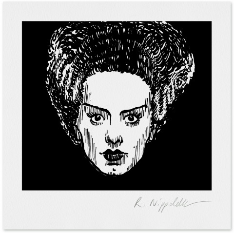 Eine Druckgrafik von der Braut von Frankenstein, in schwarz und weiß