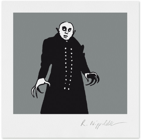 Eine Druckgrafik von Nosferatu aus dem Film von Murnau aus dem Jahr 1922, gedruckt in schwarz und silber