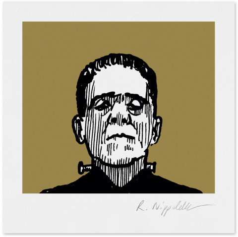 Eine Druckgrafik von Frankensteins Monster gespielt von Boris Karloff in schwarz und gold