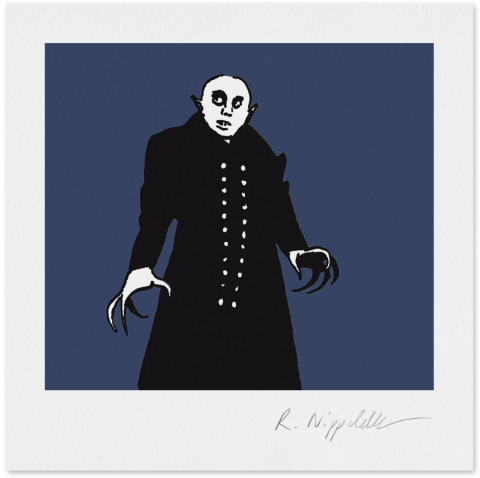 Eine Druckgrafik von Nosferatu aus dem Film von Murnau aus dem Jahr 1922, gedruckt in schwarz und blau