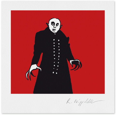 Eine Druckgrafik von Nosferatu aus dem Film von Murnau aus dem Jahr 1922, gedruckt in schwarz und rot