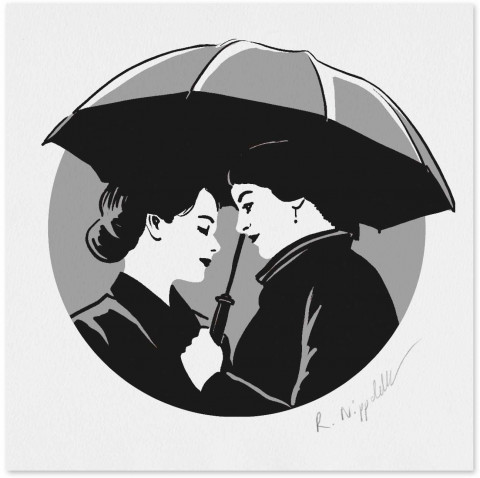 Eine Druckgrafik von 2 Frauen unter einem Regenschirm in schwarz und silber