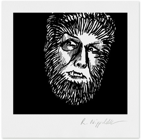 Eine Druckgrafik vom Wolfsmann aus dem 1930er Jahre Film „Wolfman“, in schwarz und weiß